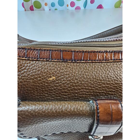 BRIGHTON Brown Leather w/ Croc Embossed
Trim Satchel Shoulder Bag pre owned - Picture 3 of 11